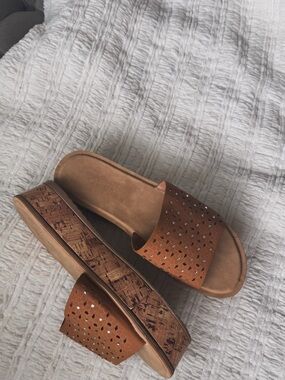 Women's Cognac Slip-On Sandals with Laser-Cut Detail